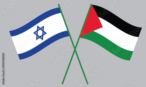 Israeli and Palestinian flags crossed, symbolizing the ongoing conflict and political dispute between the two nations