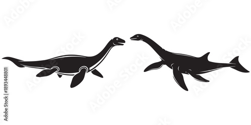 Two plesiosaur silhouettes, long-necked marine reptiles, black vectors eps 10