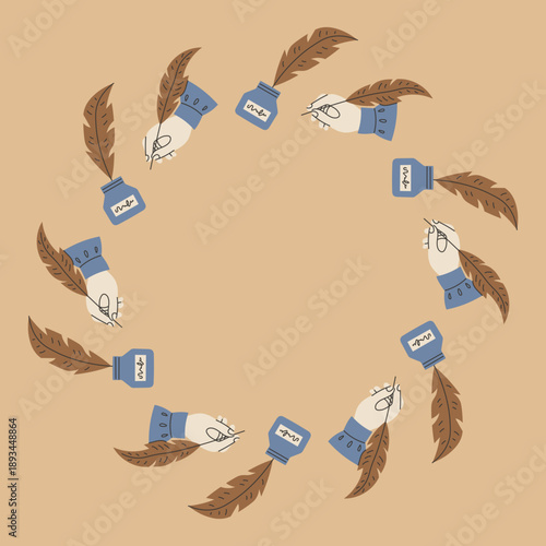 Writer Inkwell Quill Circle Frame. Writing Tool Equipment Supplies and Hand. Creativity round border for Literature Poetry School Student projects. Flat vector illustration