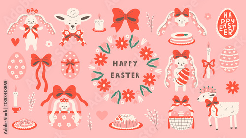 Pink Easter Elements Set. Coquette Pastel Egg Bunny Lamb Animals Food decorated with Bows. Colorful Hand Drawn Flat vector illustration collection