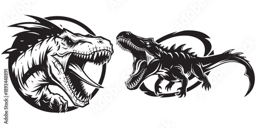 Two ferocious dinosaurs roaring in attack fighting graphic illustration eps 10