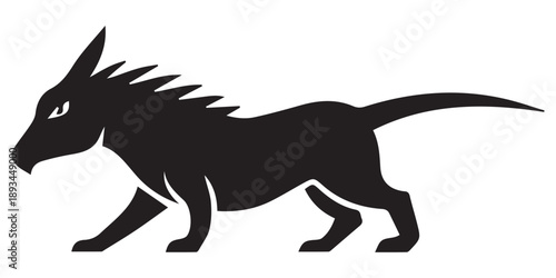 Stylized black silhouette of a mythical canine creature walking side
