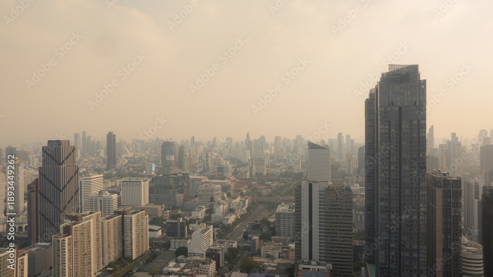 Obraz premium Aerial View of Megacity Covered in Air Pollution and Smog