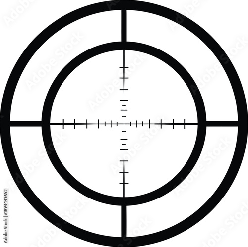 Close up of a rifle scope reticle with crosshairs and distance markings