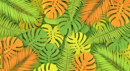 Vibrant Green and Orange Tropical Palm and Monstera Leaves Background