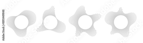 Circular sound visualization with radial wave line pattern vector set. Abstract audio spectrum ring geometric burst shape. Music equalizer graphics with concentric line elements for modern design.