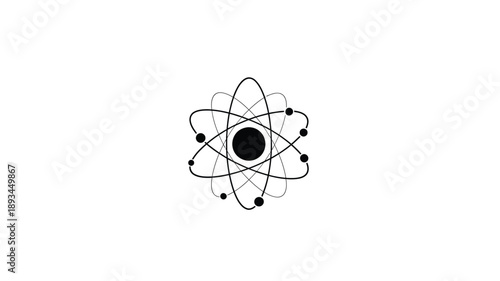 a simple black and white atom illustration with orbiting electrons silhouette
