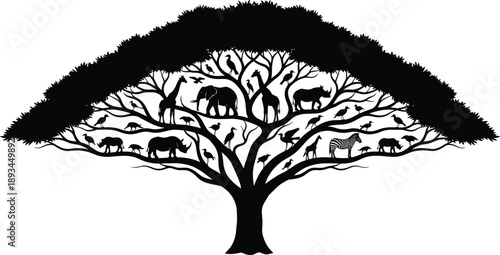 African wildlife tree silhouette illustration, animals integrated in baobab style tree vector design isolated on white background for nature and conservation art