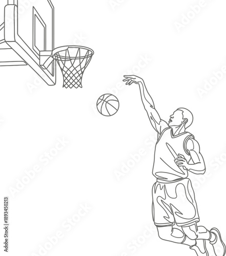 Basketball player jumps to score a basket in a line art drawing