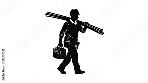 construction worker carrying pipes and tools a striking silhouette image