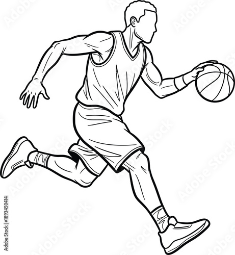 Dynamic illustration of a basketball player dribbling the ball while running