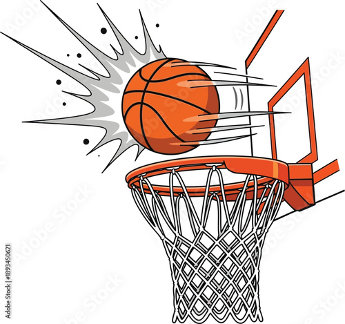 Basketball soaring towards the hoop for a slam dunk