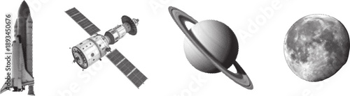 Space exploration icon set featuring rocket, satellite, planet, and moon illustrations. Clean astronomy symbols ideal for science, education, and technology designs. Perfect graphic elements for space