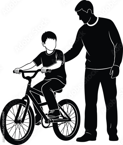 Father guiding son riding bicycle independently, parenting encouragement and confidence building concept, black and white silhouette vector illustration, family support artwork