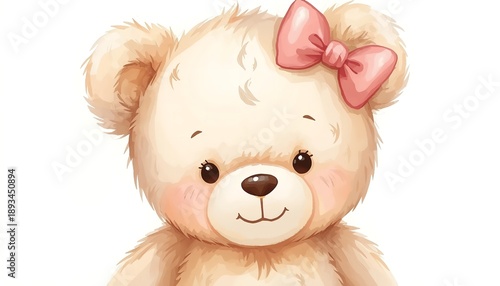 A cute teddy bear with a pink bow on its head is smiling sweetly