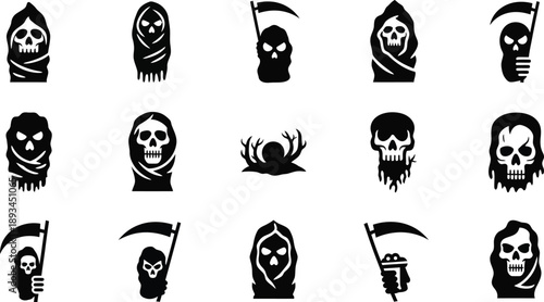 Scythe reaper sickle tool. Grim Reaper, skulls, coffins, and cemetery crosses death Halloween theme. . 