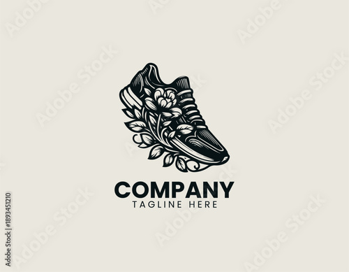Sneaker shoe logo combines street fashion footwear with floral decoration in clean vector style