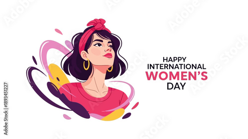 Woman Portrait with Ribbon and Colorful Swirls.