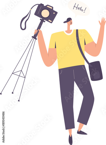 Modern Photographer Waving Hello Holding Camera and Tripod Illustration 