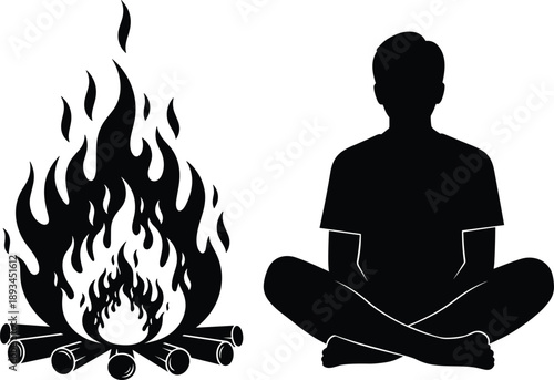 Man meditating near campfire silhouette, peaceful outdoor night scene, camping mindfulness concept, human solitude, wilderness relaxation, isolated vector illustration, minimal black design