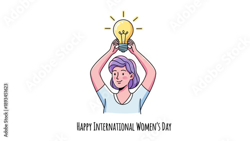 Woman Holding Light Bulb Cartoon Illustration.