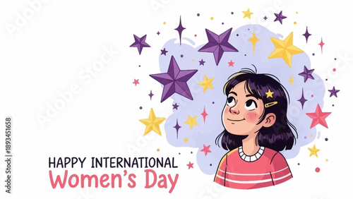 Cartoon Woman Surrounded by Stars Illustration.