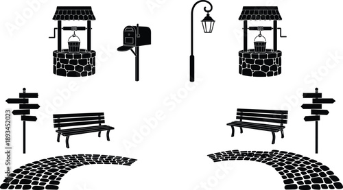 Street furniture silhouette icon set, park bench mailbox water well street lamp signpost cobblestone path elements, urban outdoor objects vector illustration collection