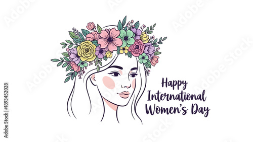 Woman Wearing Floral Crown Illustration Portrait.