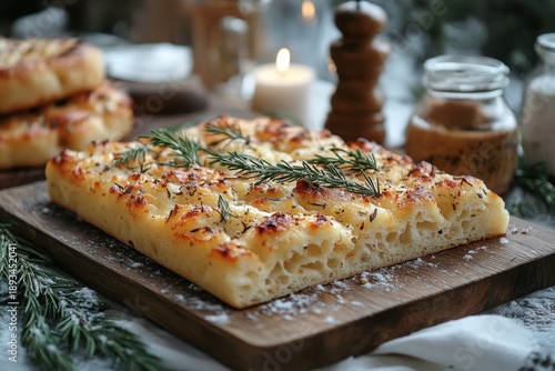 Slice of bread with rosemary on wooden cutting board.