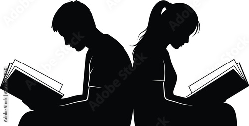 Students reading books back to back, focused education and independent learning concept, black and white silhouette vector illustration, academic study and knowledge artwork
