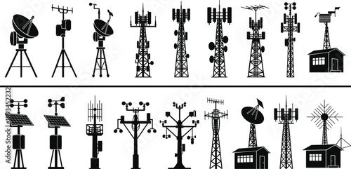 Wireless communication tower and antenna silhouette set, satellite, radio and weather monitoring equipment, black vector illustration collection, isolated on white background