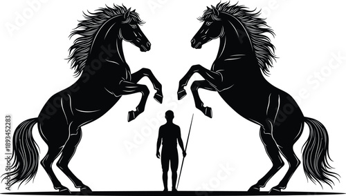 Warrior standing between rearing horses, power struggle and dominance symbolism, dramatic fantasy black and white vector illustration, epic mythological strength concept artwork