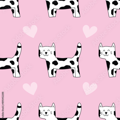 Kawaii black and white cat with heart seamless pattern on a pink background.