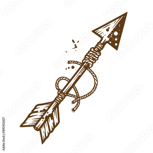Vintage Grunge texture Brown arrow with rope and fletching on white background for design and decoration purposes  a single brown arrow with a pointed tip and feathers at the end