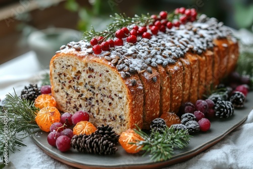 Loaf of bread and berries on a plate.