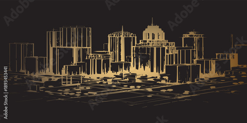 Wireframe Cityscape with Dome and Skyscrapers at Night.