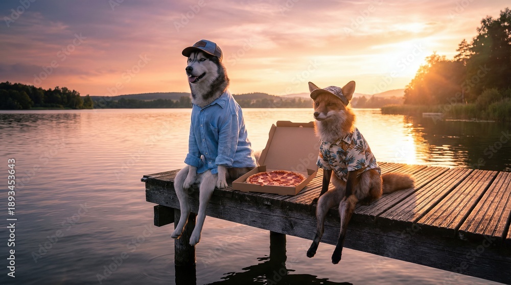 Fototapeta premium A husky dog and a fox sitting on a wooden dock by a lake at sunset, enjoying a pizza. Animal holiday and friendship concept for advertising.
