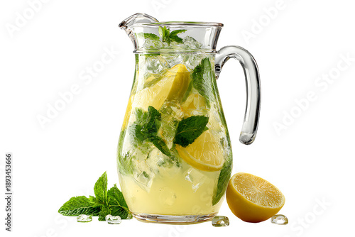 Refreshing Lemonade with Fresh Mint Leaves and Ice Cubes in a Glass Jug, isolated on a transparent background.