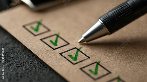 Close-up of Black Pen Checking Green Checkmarks on Brown Paper