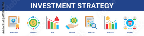 Investment Strategy web banner icon set collection solid style.