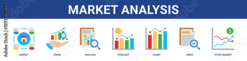 Market Analysis web banner icon set collection solid style.