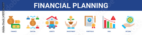 Financial Planning web banner icon set collection solid style.