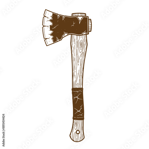 Vintage Grunge texture Brown axe with wooden handle and leather wrap isolated on white background
