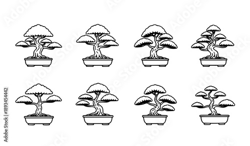 Monoline black bonsai icon collection with outline tree symbols vector