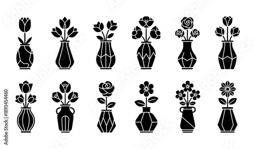 Geometric black flower-in-vase logo icon set with decorative floral elements vector