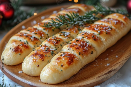 Wooden plate holding bread slices.