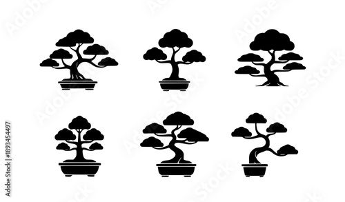 Flat black bonsai icon set in solid style for logos, apps, and branding vector