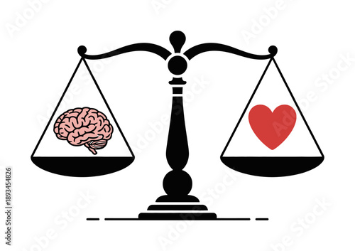 Balance scale with brain side and heart the other symbolizing logic versus emotion