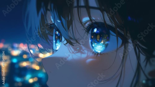 Close-up anime illustration of a character with glowing blue eyes reflecting city lights against a dark night background