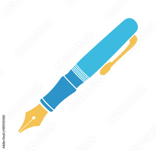 Blue and yellow fountain pen with gold nib and clip white background writing calligraphy